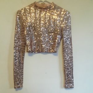 Gold Sequin Long Sleeve Crop Top Small Nude